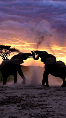 silhouetted elephants at sunset