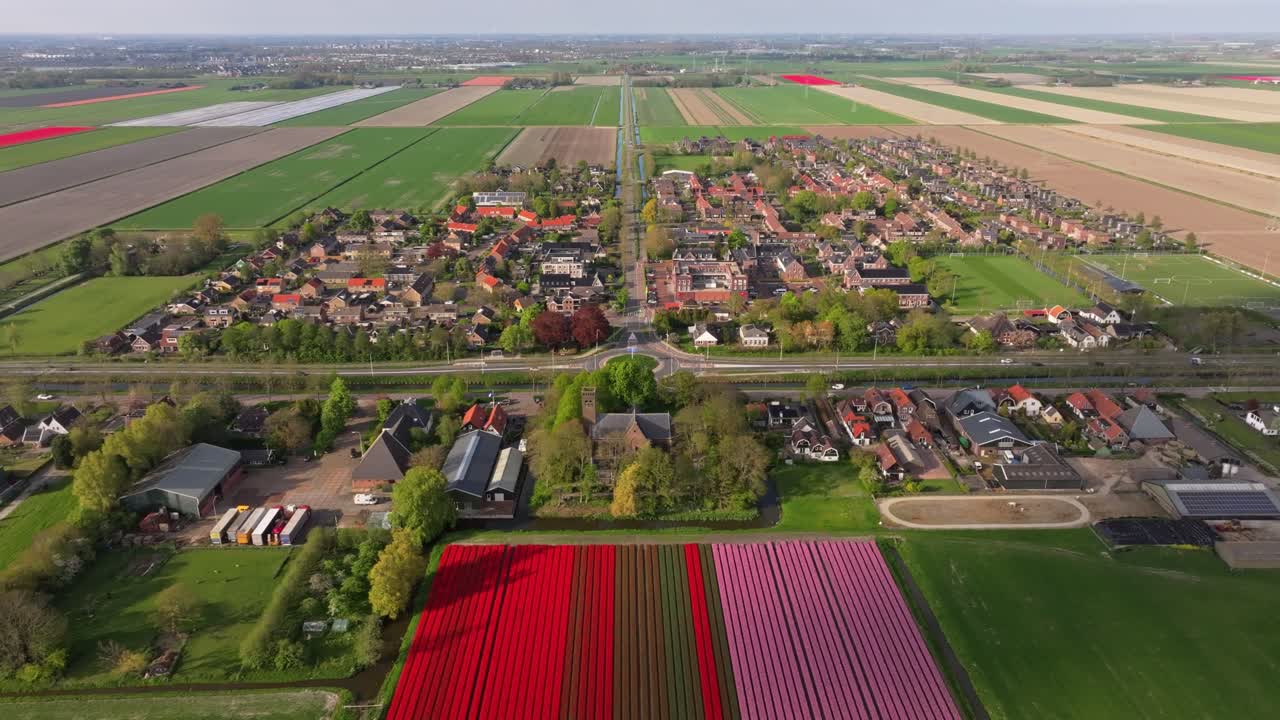 Vista aerea di una chiesa e campi fioriti a Stompetoren, Paesi Bassi.