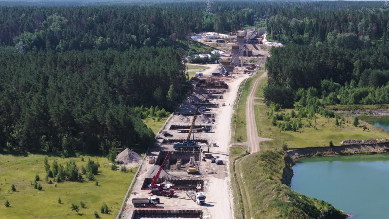 Construction site for bridge columns in Lithuania, aerial view
