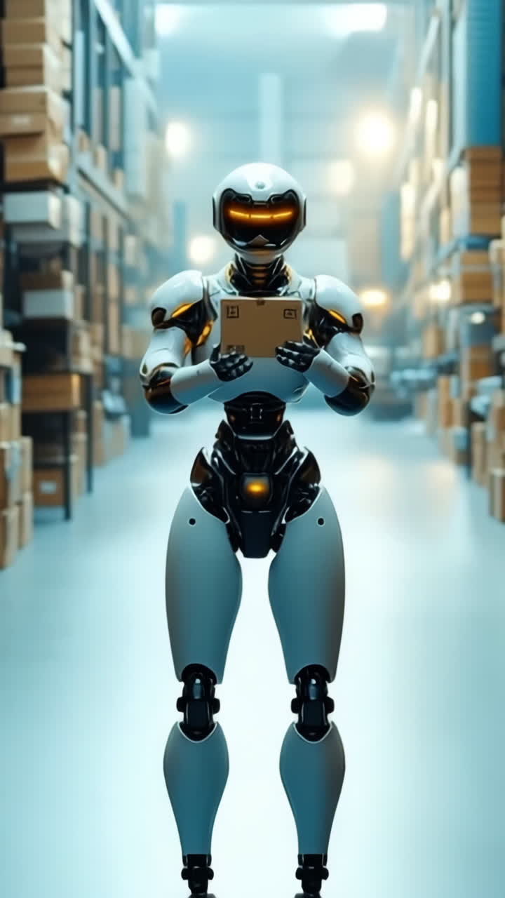 Robot in a warehouse holding a package. A humanoid robot stands between stacks of boxes in a modern warehouse, holding a package ready for delivery.