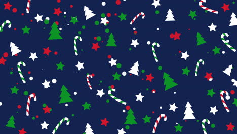 christmas and new year holiday loop animation blue background with decorative elements tree, candy and star shape.