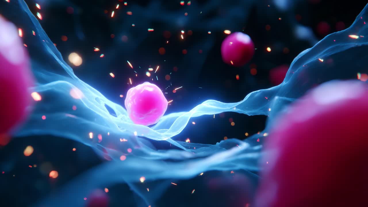 Dynamic Microscopic Visualization of Vibrant Cellular Activity with Ethereal Energy Flow, Showcasing Pink Spheres Interacting within a Luminous Network of Filamentous Structures