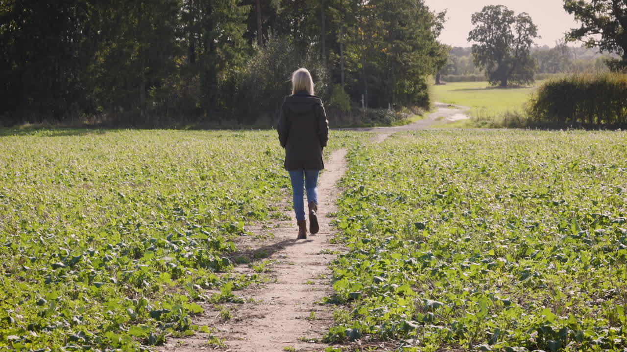 Woman walking on a path through a field