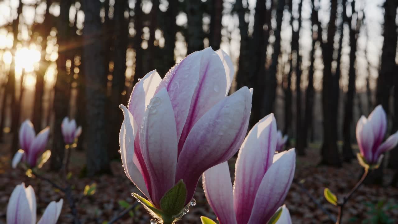 Lähikuva kukkivista magnolioista, auringonvalon siivilöityessä puiden läpi taustalla