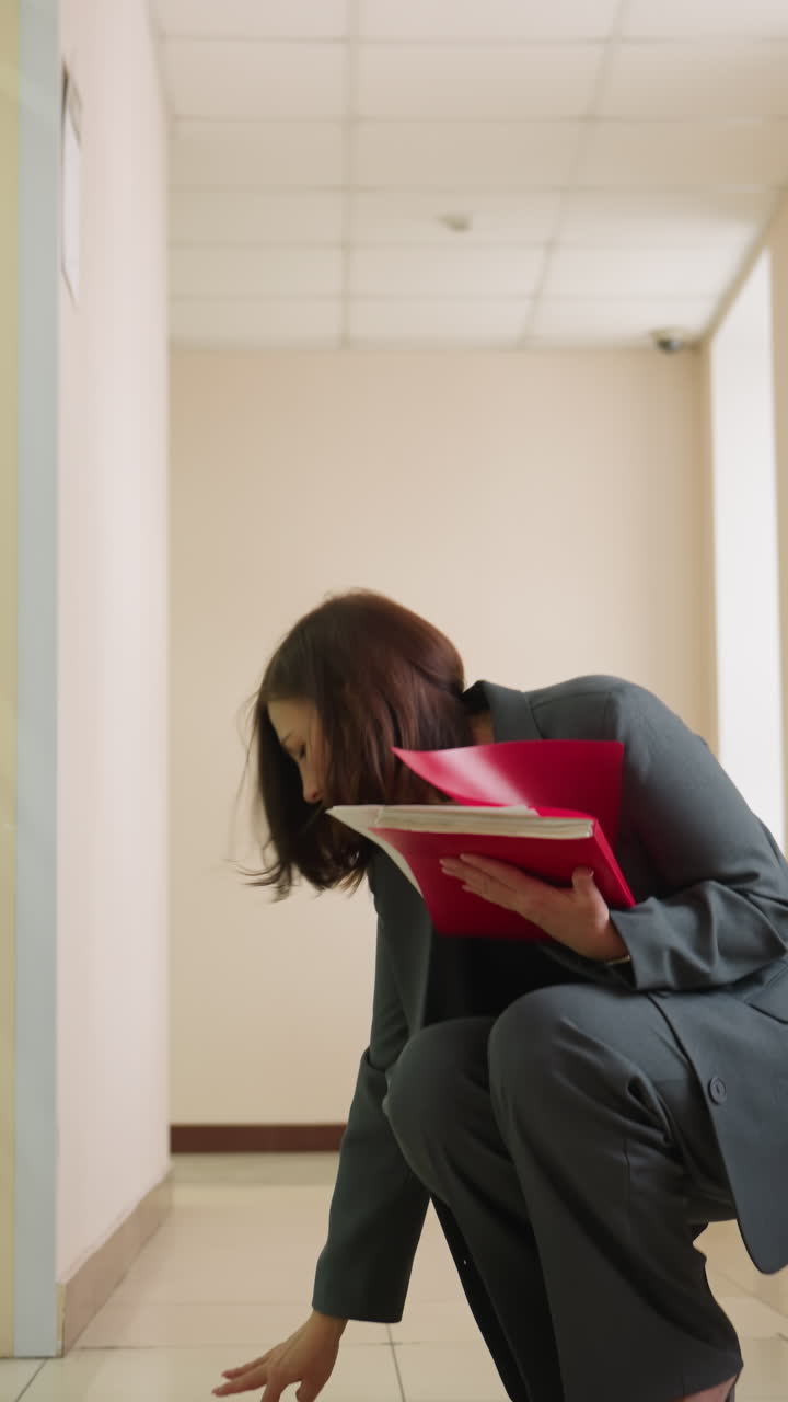 Businesswoman reviewing documents in red folder, walking down office hallway, corporate environment, professional attire, focused on work, reading papers, modern workspace, office walk