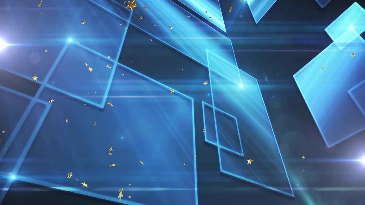 Emettitore che si attiva, pannelli blu traslucidi che si spostano, stelle dorate che fluttuano, creando uno sfondo festivo.