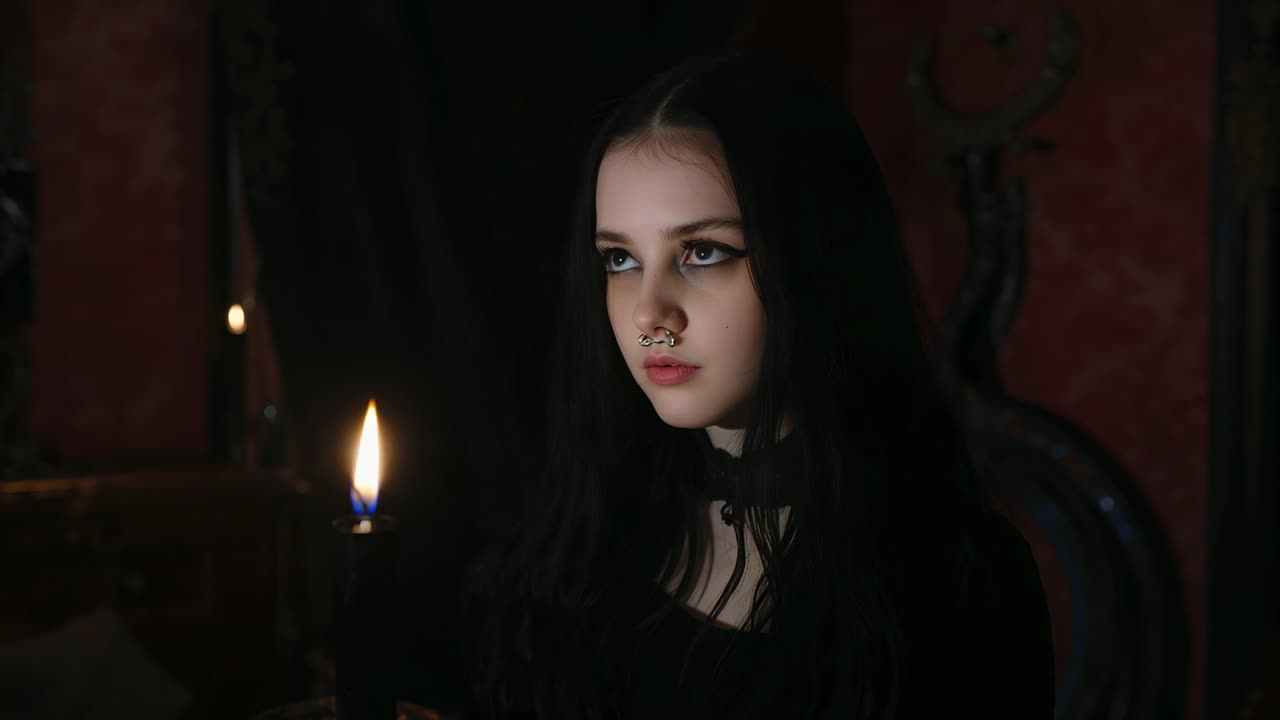 Holding lit candle, teen female lowering gaze, lifting in dim room as flame flickering, black dress