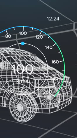 animación del velocímetro, el gps y los datos del estado de carga en la interfaz del vehículo, en un modelo de furgoneta 3d