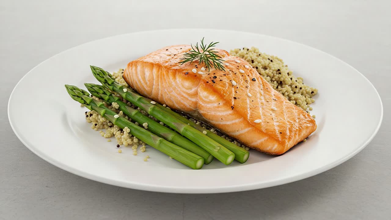A Deliciously Plated Salmon Fillet Accompanied by Tender Asparagus and Quinoa, Garnished with Fresh Herbs for a Healthy Gourmet Meal Experience