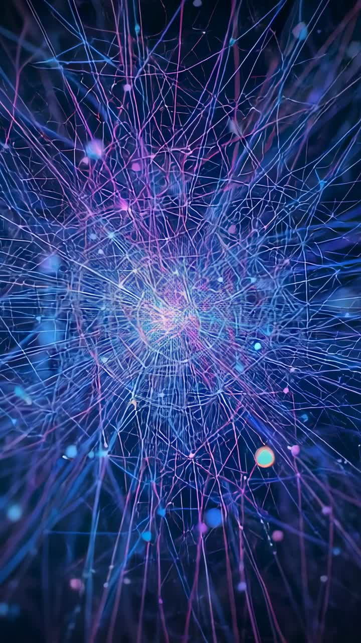 Vertical video: Pulsing turquoise magenta core sending filaments out in dark void, nodes drifting