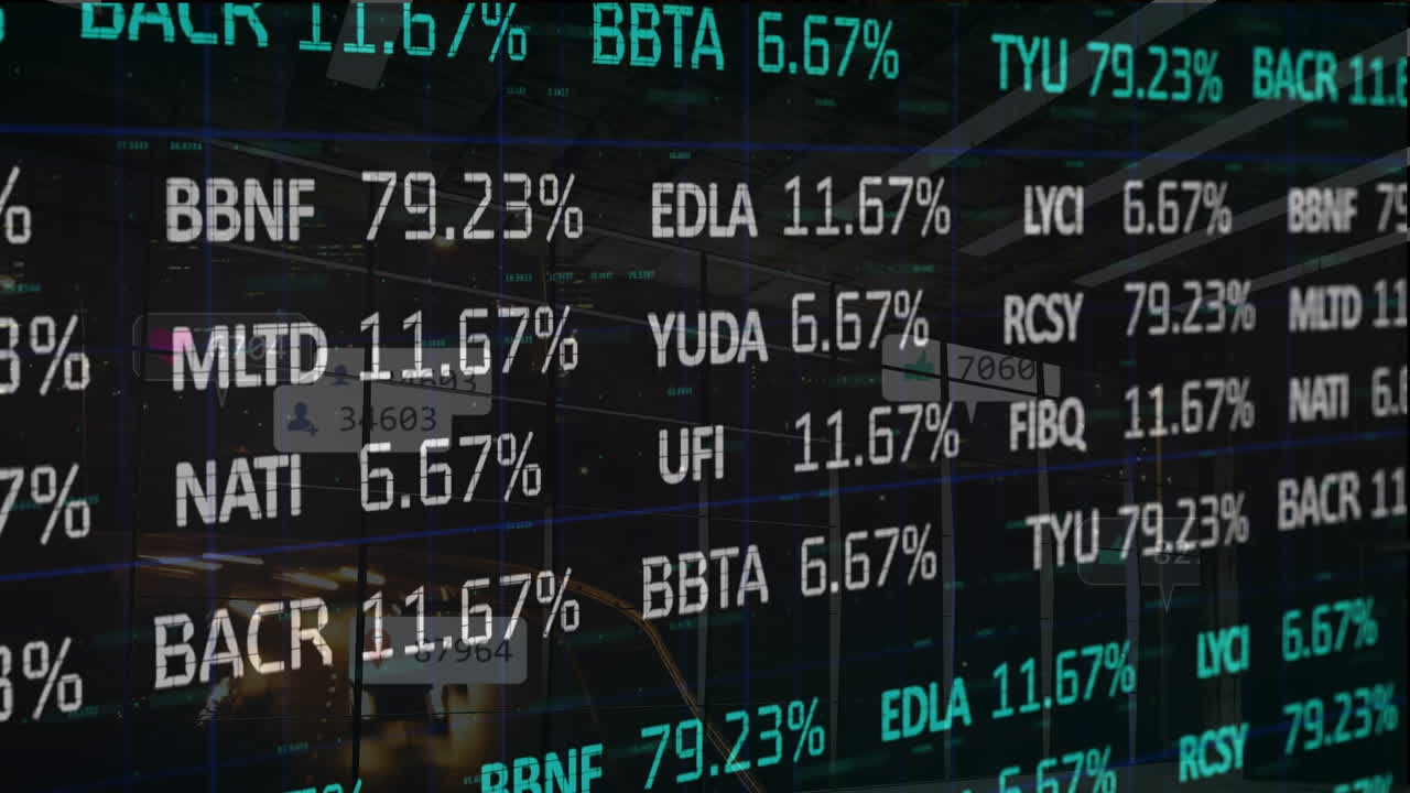 Animation of stock market over cityscape at night