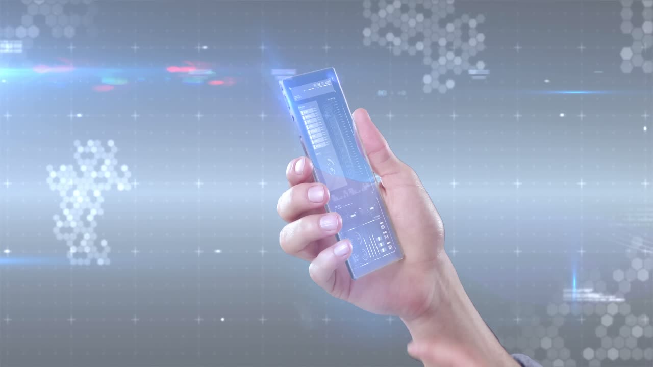 디지털로 생성된 배경을 배경으로 미래의 휴대폰을 손에 들고 있습니다.