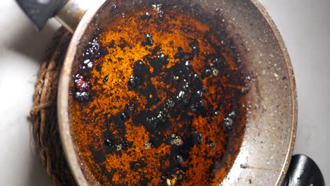 dirty frying pan with burnt oil and food residue