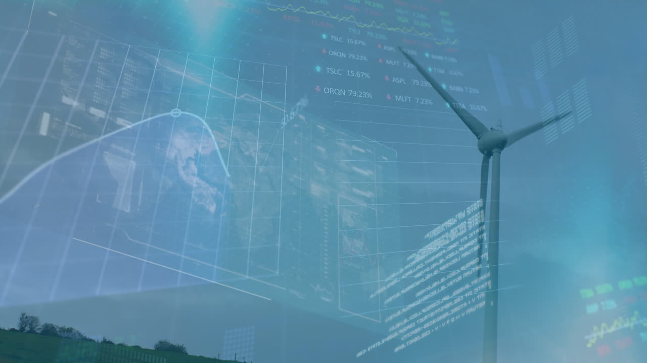 파란 하늘을 배경으로 회전하는 풍차에 대한 주식 시장 데이터 처리의 애니메이션