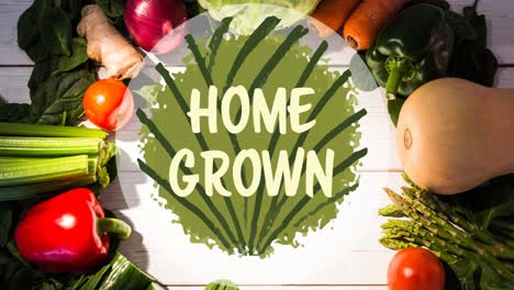 animation of home grown text on green, over circle of fresh vegetables on white boards