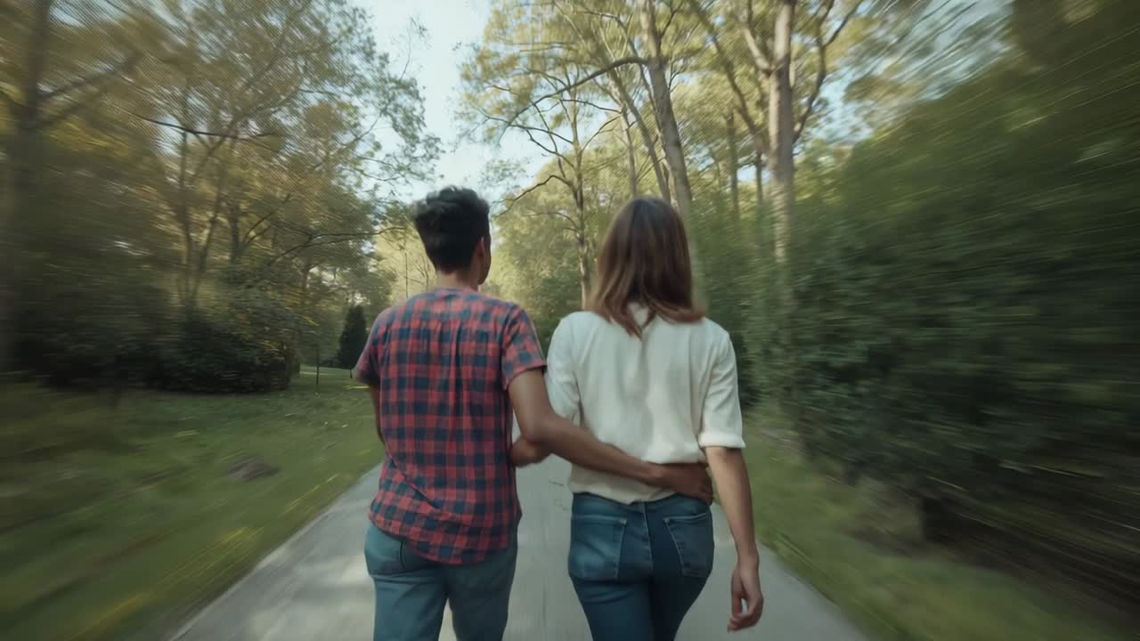 Tracking couple shifting arms walking down paved park path for stroll in plaid and white tops