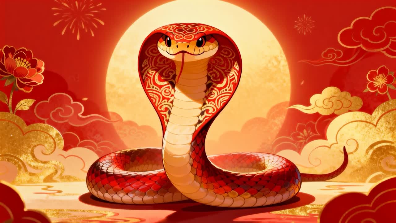 Reazione a disco incandescente, cobra rosso-oro centrale che alza la testa e sventola la lingua su un palco ornato