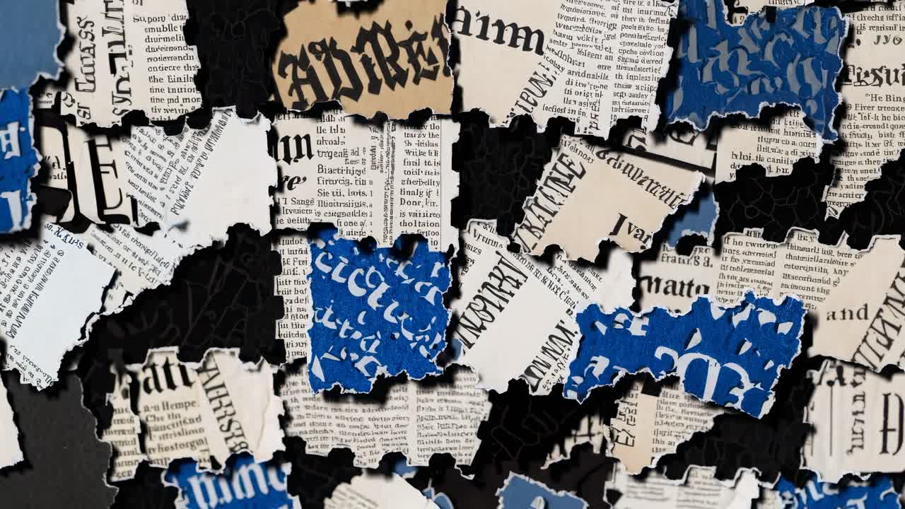 A close-up video shot of torn newspaper clippings in various fonts and colors, creating a chaotic