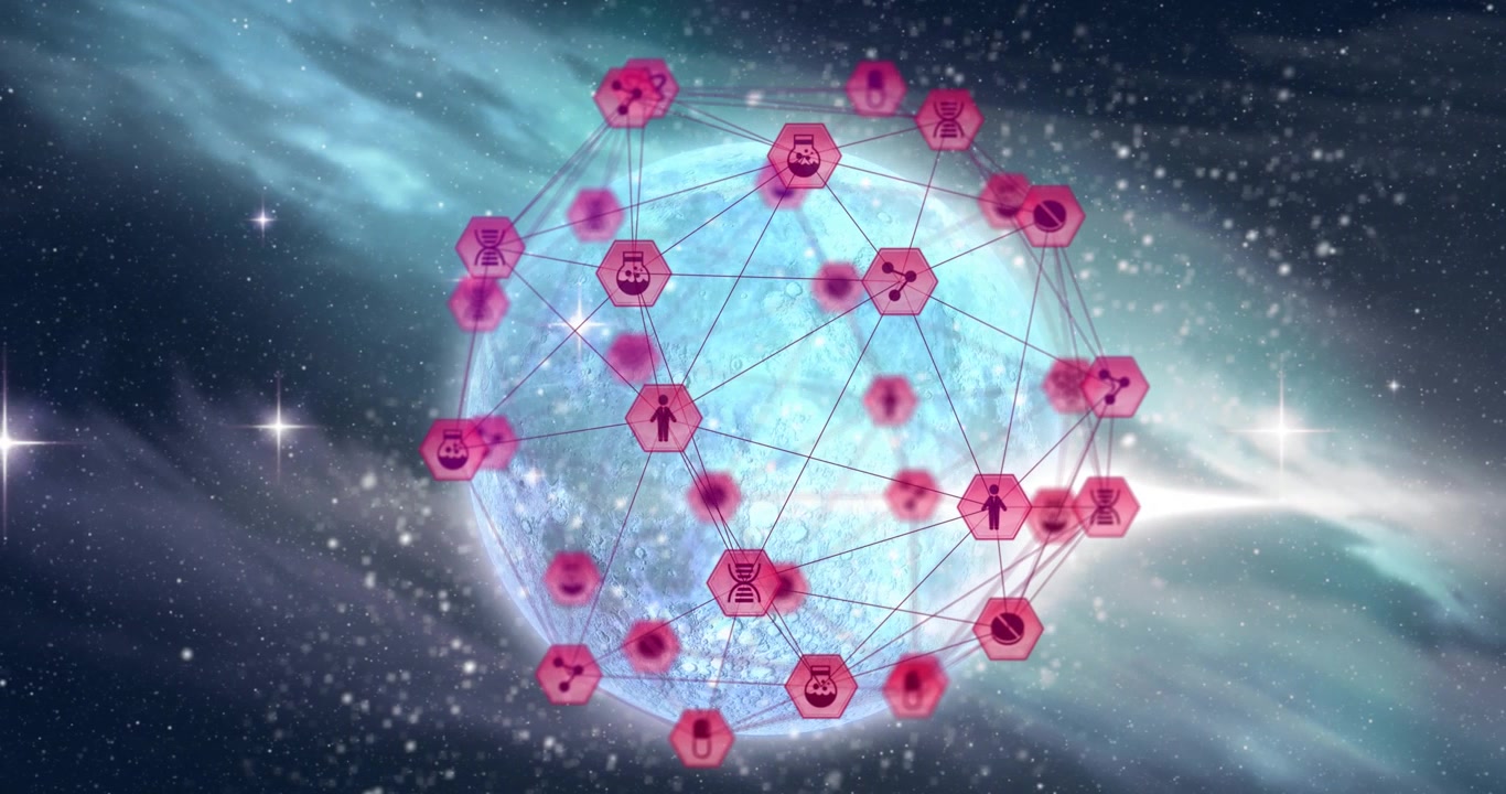 Animation of globe with network of connections and data processing