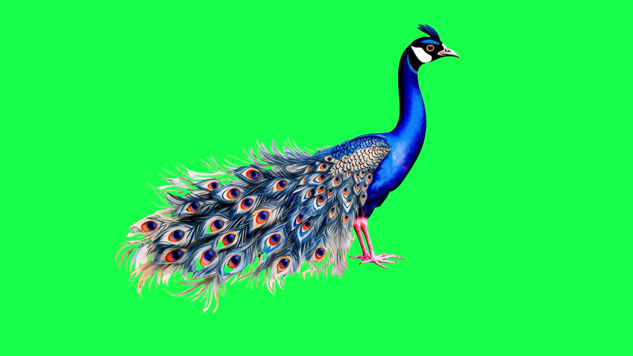 Vibrant peacock animation, transparent 4K video, green screen