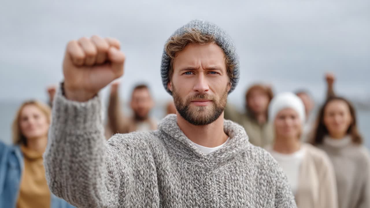 A determined individual stands resolutely at the forefront of a group, raising his fist in solidarity while advocating for change, empowerment, and social justice against a cloudy backdrop
