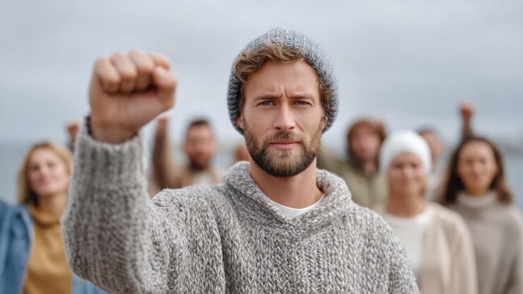Un individuo determinato si erge risoluto in prima linea in un gruppo, alzando il pugno in segno di solidarietà mentre promuove il cambiamento, l'emancipazione e la giustizia sociale su uno sfondo nuvoloso.