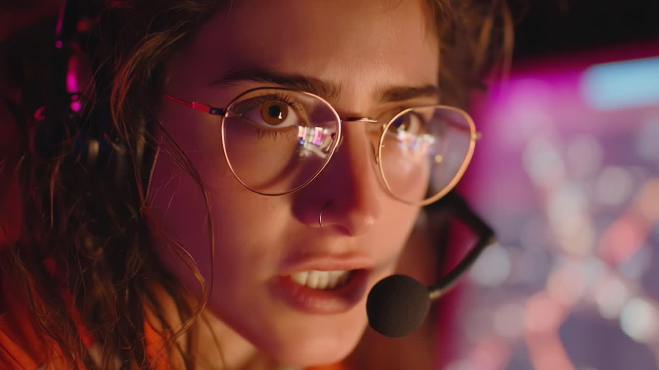Intense Concentration: A Close-Up of a Focused Individual Wearing Headset, Displaying Emotion and Determination in a Dynamic Environment with Visual Screens in the Background