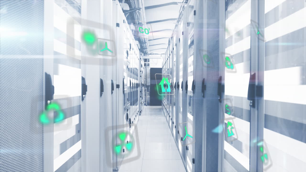 animación de iconos en círculos sobre barras móviles en sistemas de servidores de datos en la sala de servidores