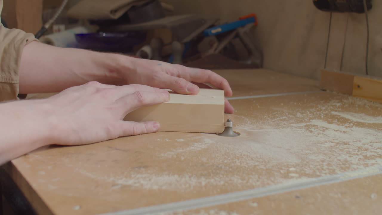 Carpenter in Protective Earmuffs and Glasses Using Router Table