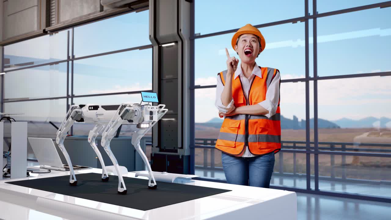 corpo pieno di ingegnere donna asiatica con casco di sicurezza pensando e guardandosi intorno poi alzando il dito dell'indice mentre si trova in una fabbrica ad alta tecnologia, analizzando il concetto di macchina robotica