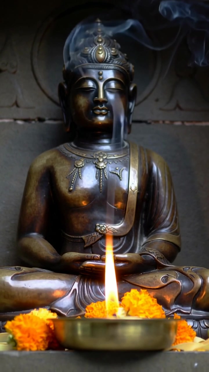 Video verticale: Lampada tremolante che manda fumo su una statua di Buddha in bronzo ammantata su uno scaffale, calendule