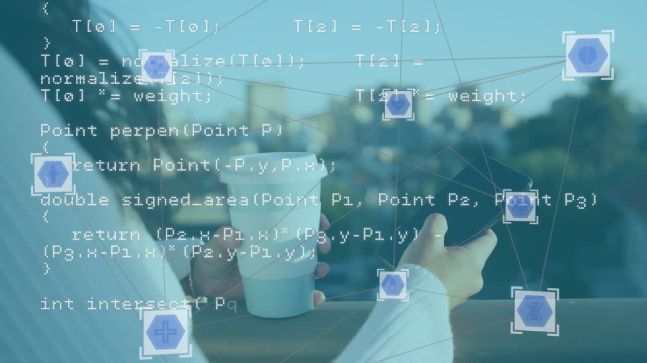 Web of connections icons and data processing against woman using smartphone