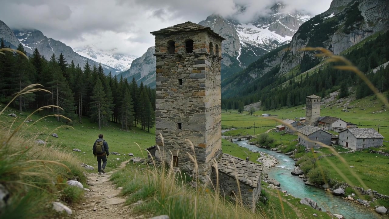 Ein Wanderer in grüner Jacke mit Rucksack betritt einen Pfad und geht auf ein Steindorf zu, mit Platz für Text.