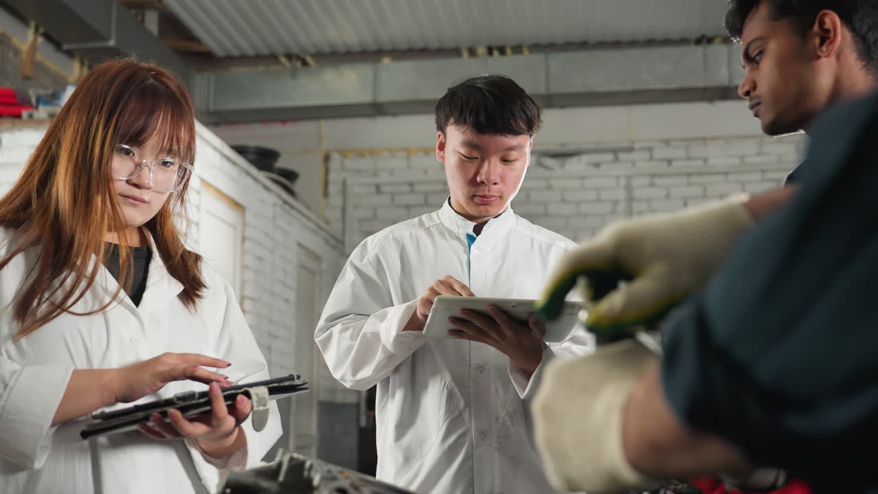 戴白手套的机械师在汽车维修车间向穿着实验服的学生演示扳手的使用，学生们在平板电脑上做笔记，背景是摆满机械工具的工业工作区。