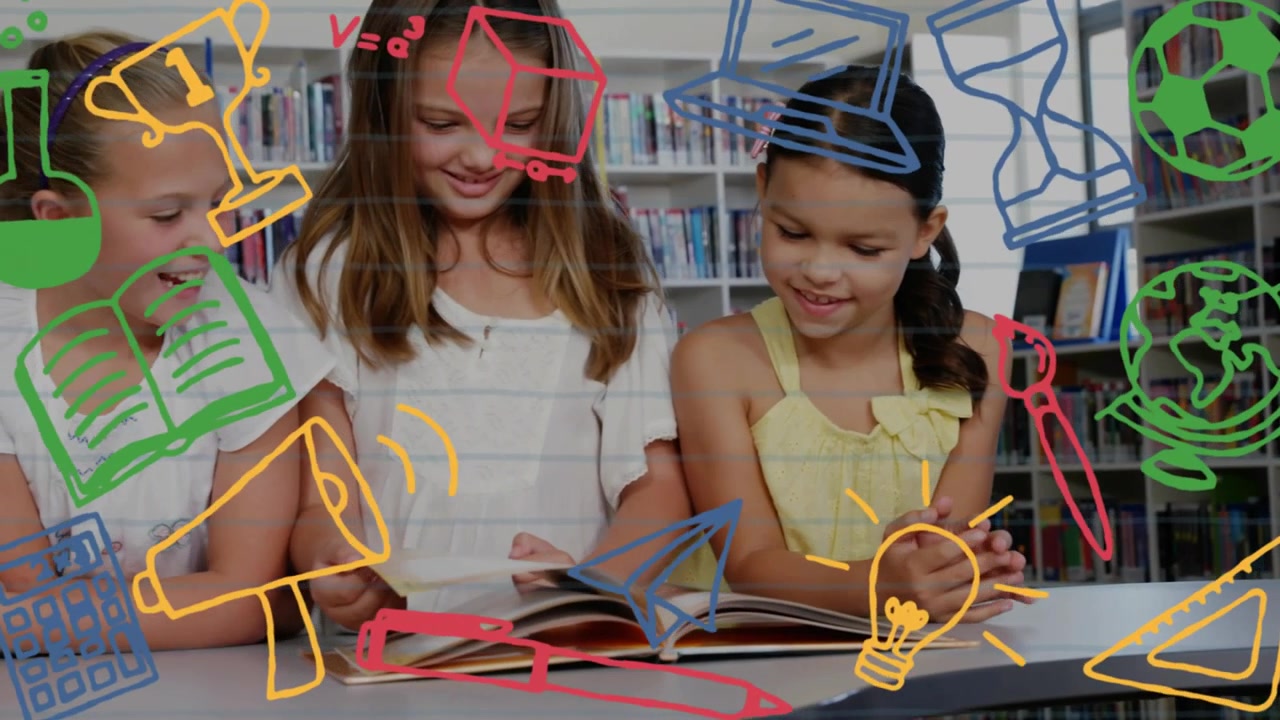 Girl turning book page and activating doodles for learning with classmates in library