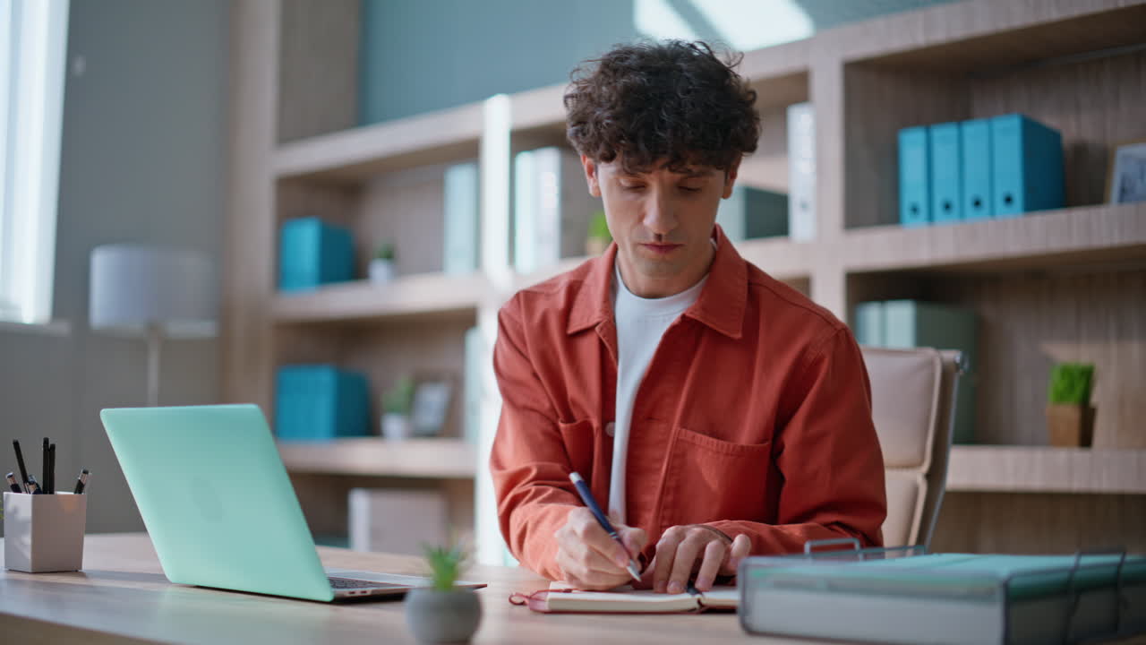 Professional startuper working project typing laptop at office desk. Smart man