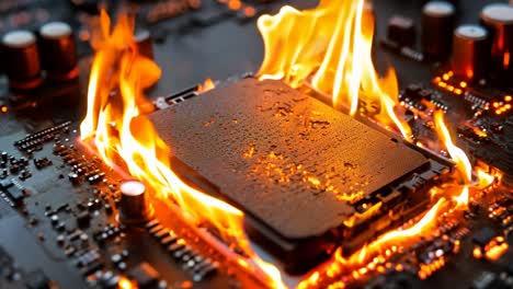 a computer motherboard on fire with a cpu on top of it