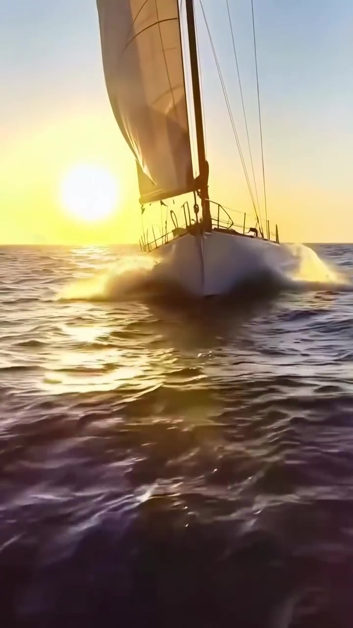 Barca a vela che naviga su acque oceaniche di un blu profondo, con la luce dorata del sole.