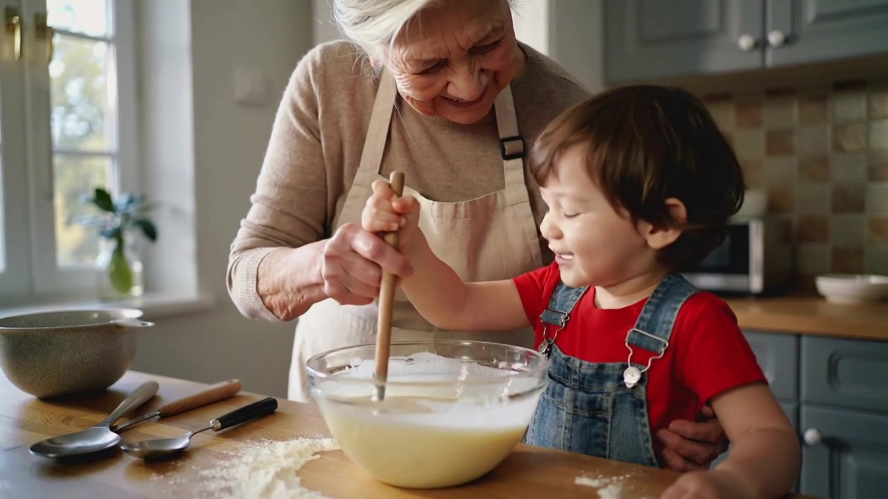 Placing toddler at kitchen counter, grandma guiding stirring with mixing bowl, teaching baking