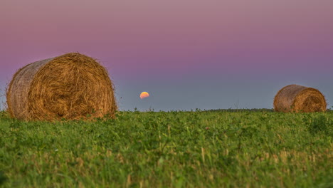 Video-De-5k-De-2-Bultos-De-Heno-De-Paja-En-Un-Campo-Verde-Y-El-Movimiento-De-La-Luna-En-El-Fondo