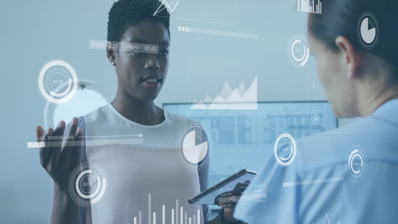 Animation of financial data processing over diverse business people in office