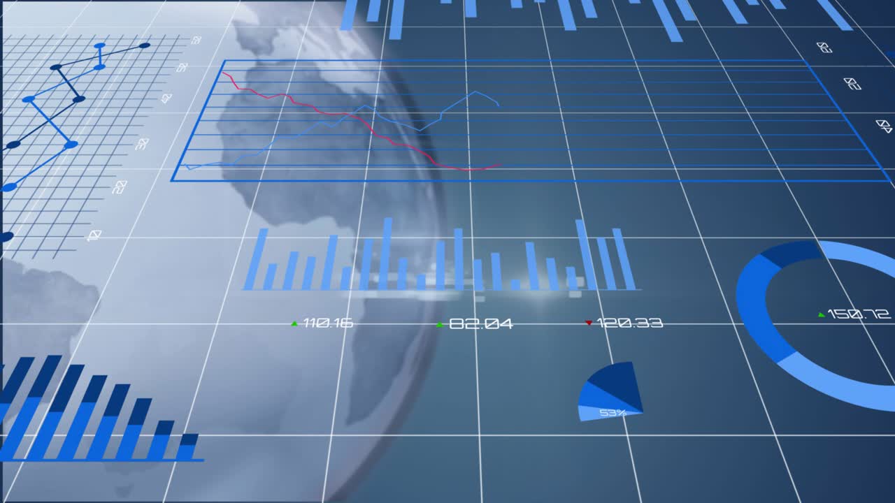 Animation af finansiel databehandling over en globus og et gitter