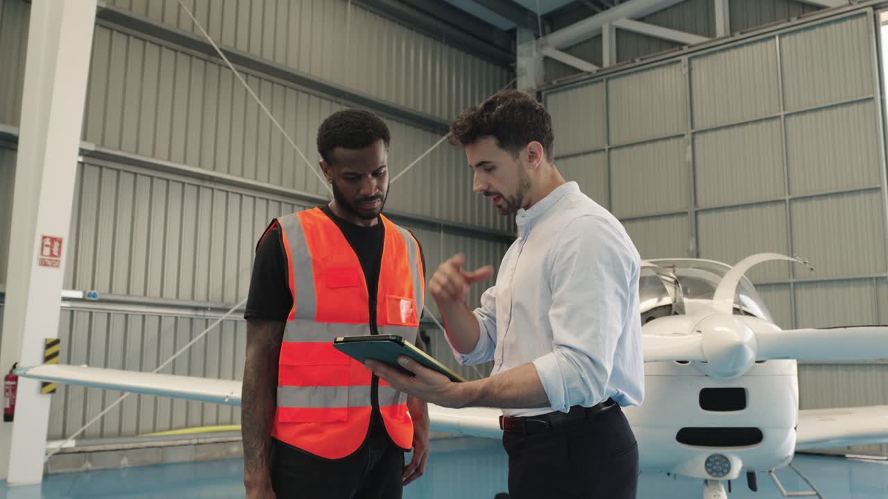 Two men inspecting airplane in hangar