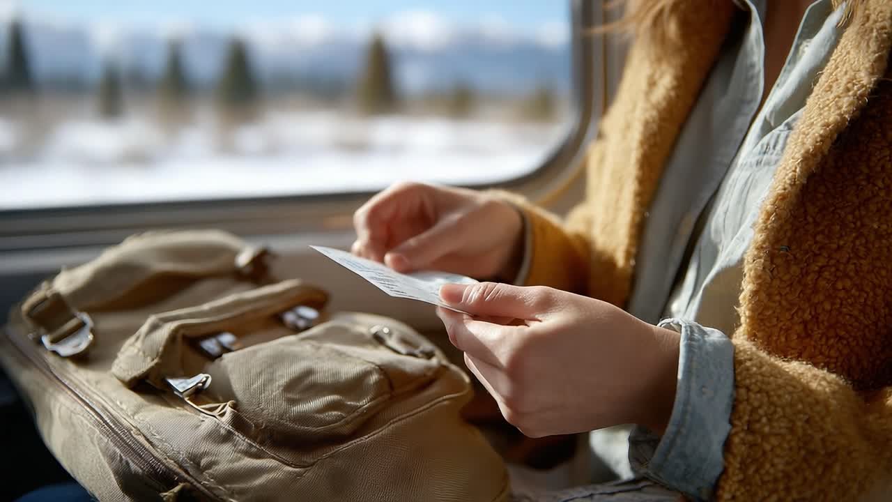 A Traveler Examines Their Ticket on a Scenic Train Journey, Surrounded by Snowy Landscapes and Breathtaking Mountain Views through the Window
