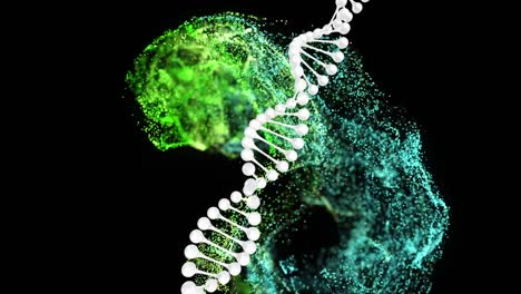 animation of dna helix over dots forming dynamic wave pattern against black background