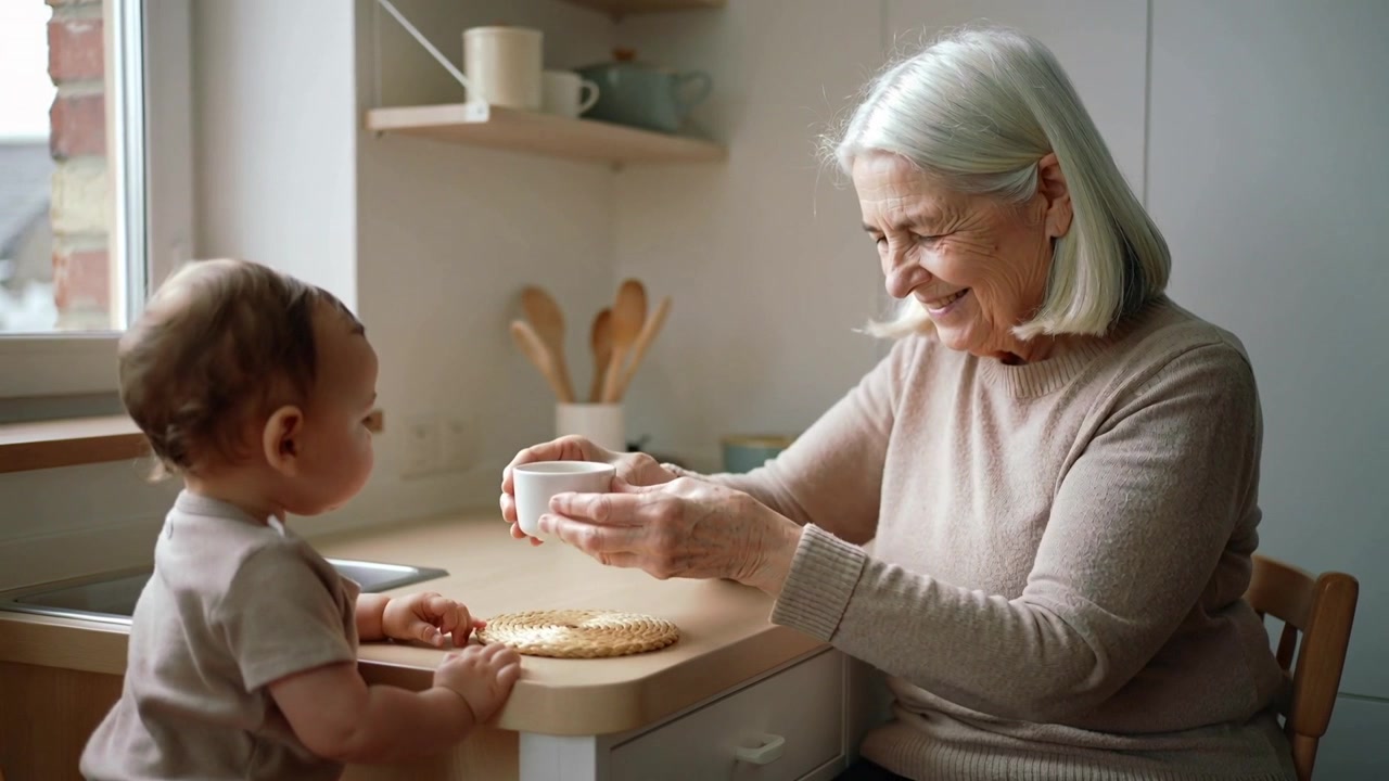 Nonna con maglione color cammello che guida il bambino che cerca di afferrare una tazza su un sottobicchiere per sorseggiare nell'angolo cottura.