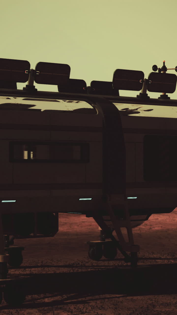 Futuristic habitat on a barren alien landscape at dusk