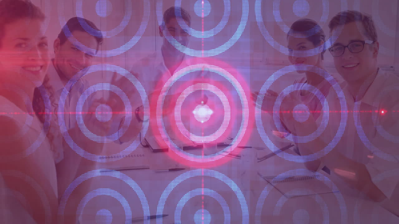 Business team in meeting with digital target pattern animation overlay