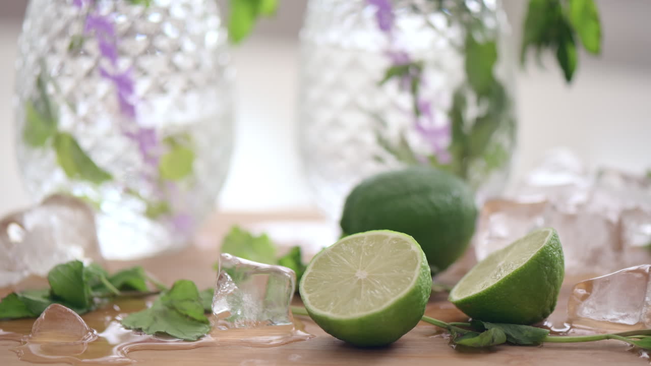 Close up of cut up lime with ice and mint on a wooden cutting board near two glasses