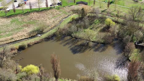 aerial view of the flight over a small pond with a moat on the edge between agricultural land and a parking lot, with trees on the bank